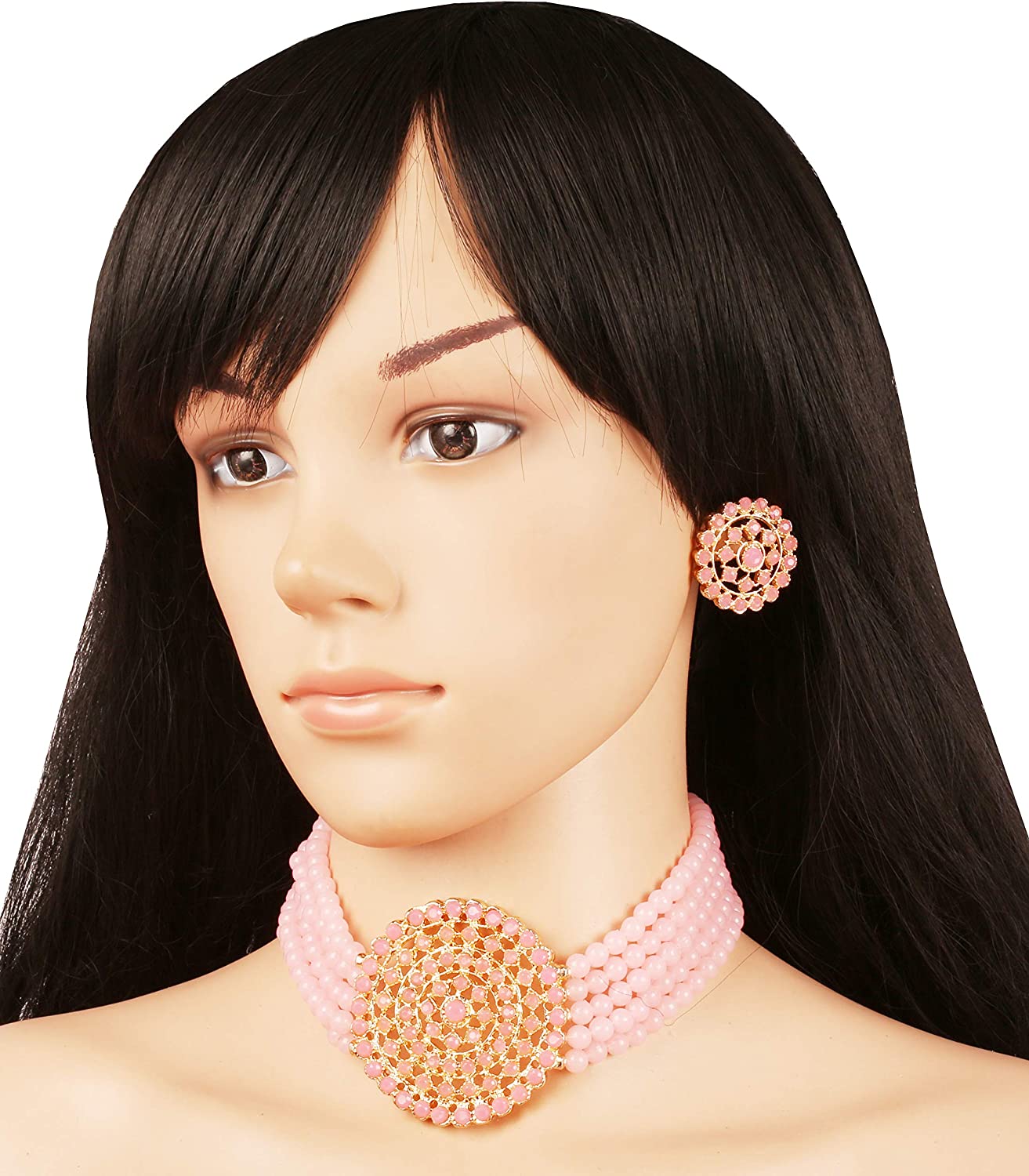 Touchstone Indian Bollywood Traditional Rhinestone Kundan Polki Faux Pearls Colorful Beads Strings Designer Jewelry Choker Necklace Set in Antique and Gold Tone for Women. - Image 7